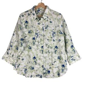 Chico's Shirt women's Size 2 100% Linen Green floral blouse 3/4 sleeve button up